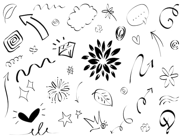 Handgezeichnete Set-Elemente Abstrakte Pfeile, Bänder, Herzen, Sterne, Kronen und andere Elemente in einem handgezeichneten Stil für Konzeptdesigns Scribble-Illustration Vektorillustration