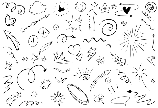 Handgezeichnete Set-Elemente Abstrakte Pfeile, Bänder, Herzen, Sterne, Kronen und andere Elemente in einem handgezeichneten Stil für Konzeptdesigns Scribble-Illustration Vektorillustration