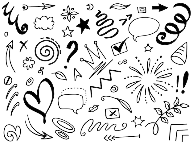 Handgezeichnete Set-ElementeAbstrakte Pfeilbänder und andere Elemente im handgezeichneten Stil für das Konzeptdesign Doodle-Vektorillustration