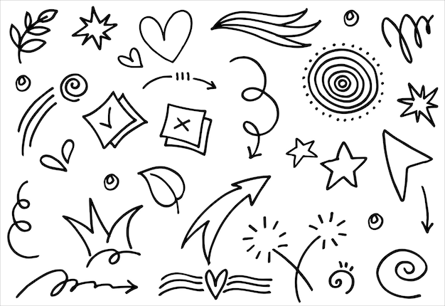 Handgezeichnete Setelemente Abstrakte Pfeile Bänder Herzen Sterne Kronen und andere Elemente in einem handgezeichneten Stil für Konzeptdesigns Scribble-Illustration Vektorillustration