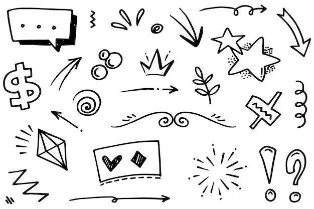 Handgezeichnete Setelemente Abstrakte Pfeile Bänder Herzen Sterne Kronen und andere Elemente in einem handgezeichneten Stil für Konzeptdesigns Scribble-Illustration Vektorillustration