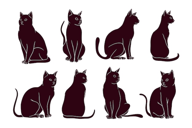 Handgezeichnete silhouette sitzender katzen-vektorillustration