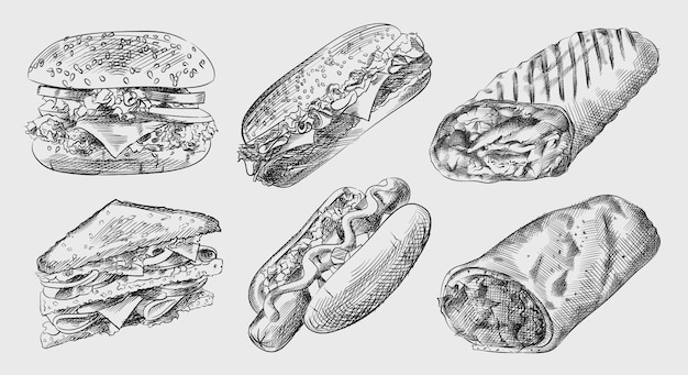 Handgezeichnete skizze des junk-food- und snacks-sets (fast-food-set). das set beinhaltet großen cheeseburger, hot dog mit senf, club sandwich, sandwich, döner, fajitas, burrito