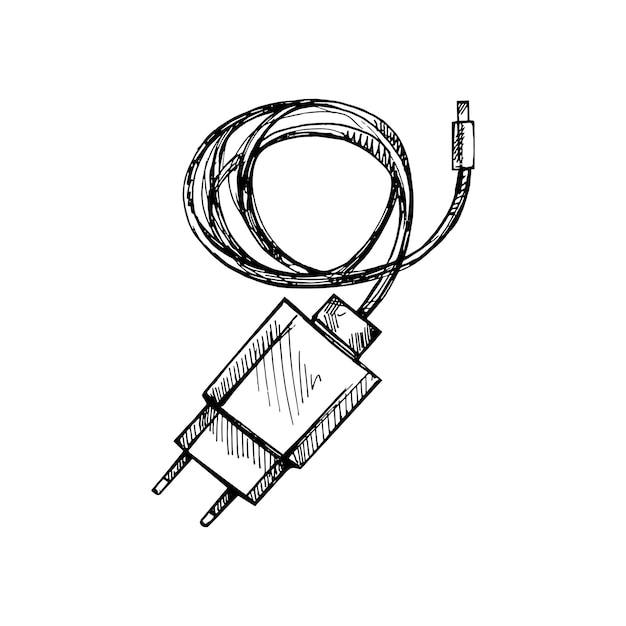 Vektor handgezeichnete skizze eines micro-usb-ladegeräts mit elektrischem stecker für smartphones, nahaufnahme mit einem draht. doodle handgezeichnete vektorillustration