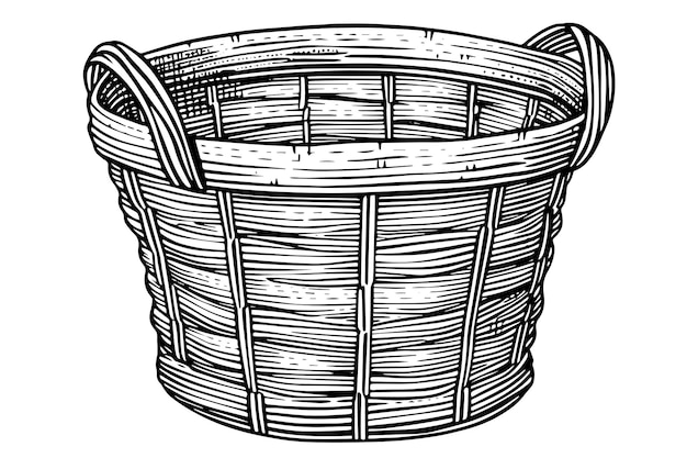 Vektor handgezeichnete skizze eines weidenkorbs. vorlage für vektorillustrationen im gravierten stil für ihre designarbeiten