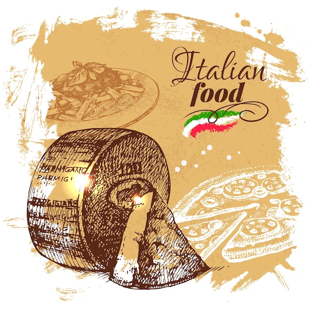 Handgezeichnete skizze italienisches essen background.vector illustration. gestaltung der speisekarte im restaurant