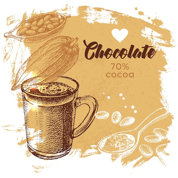 Handgezeichnete skizze kakao-schokolade-produkthintergrund vintage-vektor-illustration von natürlichen gesunden