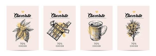 Handgezeichnete skizze kakao-schokoladen-produktbanner vintage-illustration vektor-poster-set
