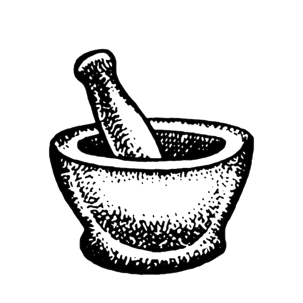 Handgezeichnete Skizze Pfeffermühle auf weißem Hintergrund Topfmühle für Gewürze Schüssel zum Maischen und Mahlen