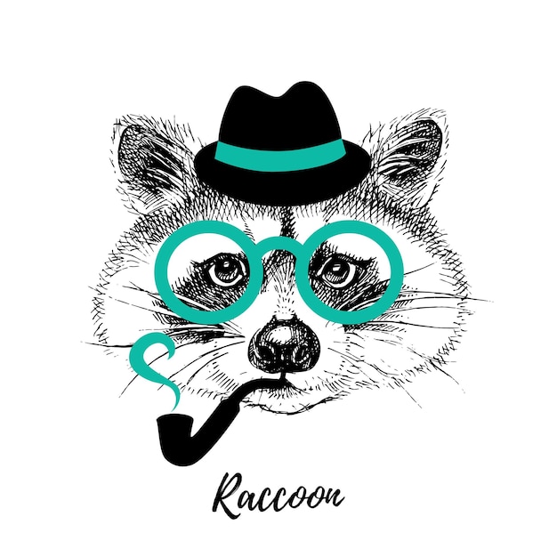 Handgezeichnete skizze raccoon hipster-kopf-illustration isolierte niedliche trendige porträt