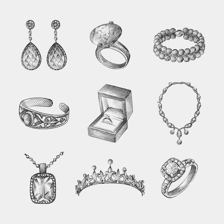 Vektor handgezeichnete skizze satz von vintage-schmuck und bijouterie. das set enthält ohrringe, ring mit diamanten, armband, halskette, tiara, verlobungsring in der box, halskette mit anhänger, ring mit stein