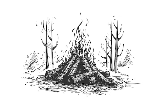 Handgezeichnete Skizze von einem Lagerfeuer im Wald Vektor-Illustrationsdesign