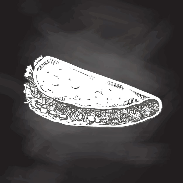Handgezeichnete Skizze von Taco isoliert auf Tafelhintergrund als Fast-Food-Vintage-Illustration