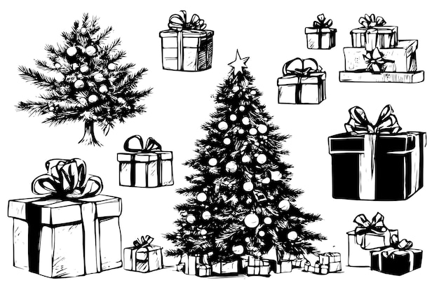 Handgezeichnete Skizze von Weihnachtsbaum mit Geschenken
