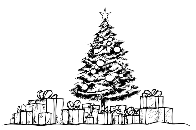 Handgezeichnete skizze von weihnachtsbaum mit geschenken