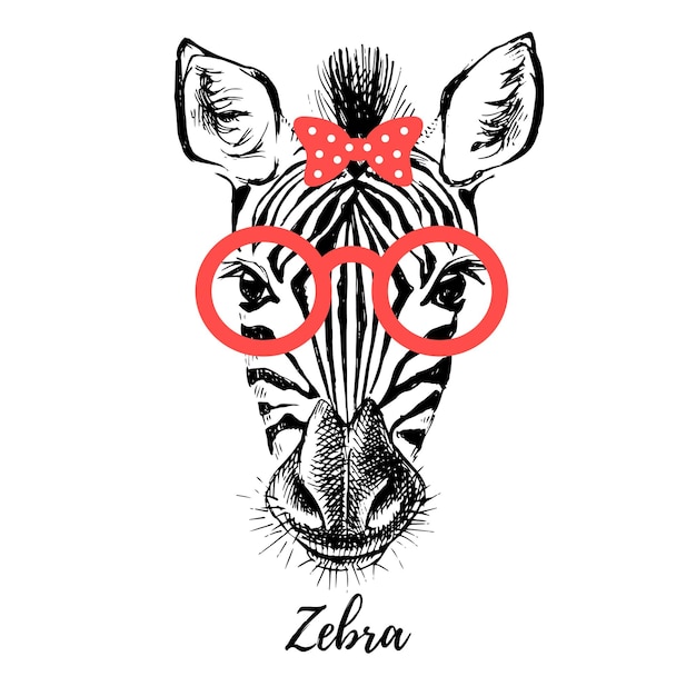 Handgezeichnete skizze zebra-hipster-kopf-illustration isoliertes süßes trendiges porträt auf weißem hintergrund