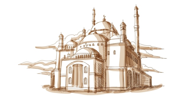 Vektor handgezeichnete skizzenillustration der vorderansicht der islam-moschee