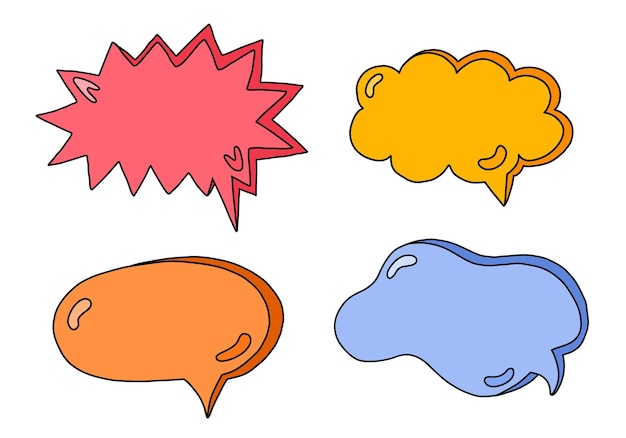 Handgezeichnete sprechblasen gesetzt. leere online-chat-wolken in den verschiedenen formen. ovale, runde, quadratische wolke, herzförmige blasen für informationen zu textgesprächsphrasen. bunte, isolierte kritzeleien