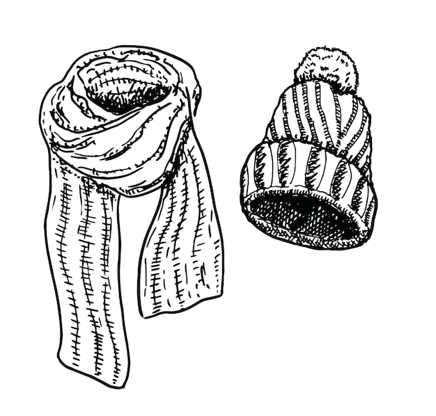 Handgezeichnete strickmütze und schal und im skizzenstil moderne winterstrickmütze mit bommel