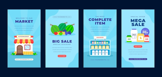 Handgezeichnete Supermarkt-Instagram-Geschichten mit flachem Design