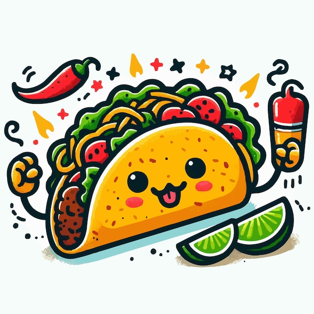 Vektor handgezeichnete taco-cartoon-illustration mit gelbem hintergrund
