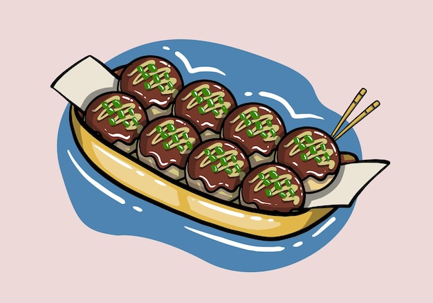 Vektor handgezeichnete takoyaki-ballknödel oder oktopusbällchen. takoyaki ist einer der bekanntesten japanischen snacks