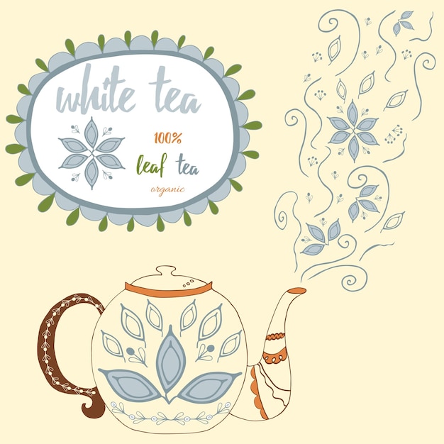 Handgezeichnete teekanne mit weißem tee perfekter dampf mit doodle-teeblättern und blumen