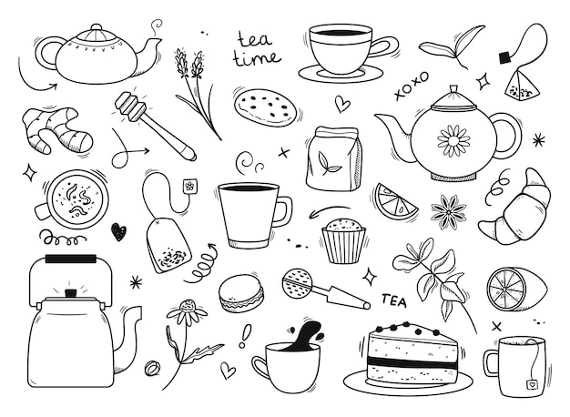 Handgezeichnete Teekannen, gemütliche Tassen und Becher für heiße Getränke, süße Desserts und Elemente der Teezeremonie, spielerische Branding für Tee-Café-Vektorillustrationen