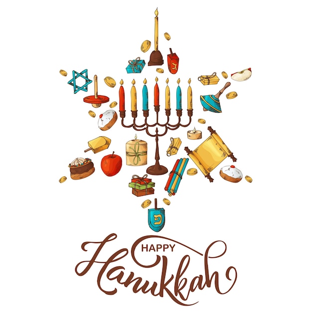 Handgezeichnete traditionelle Chanukka-Symbole im Skizzenstil. Jüdischer Feiertag Chanukka-Grußkarte. Vektorillustration.