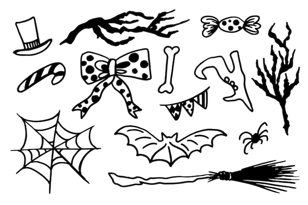 Handgezeichnete traditionelle halloween-symbole, illustrationen im doodle-stil, spinnennetze, besen, fledermaus, schleife, stiefel