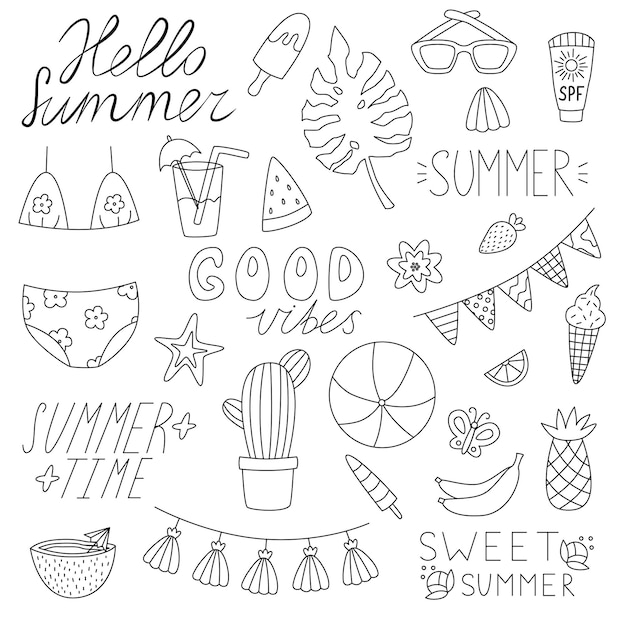 Handgezeichnete umrissskizze für den sommer doodle-set-elemente malbuch für den sommer