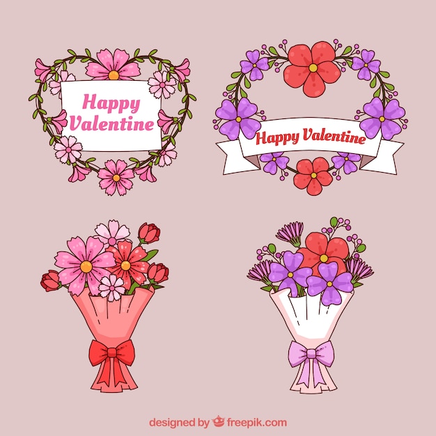 Handgezeichnete valentinstag blumenkränze & blumensträuße