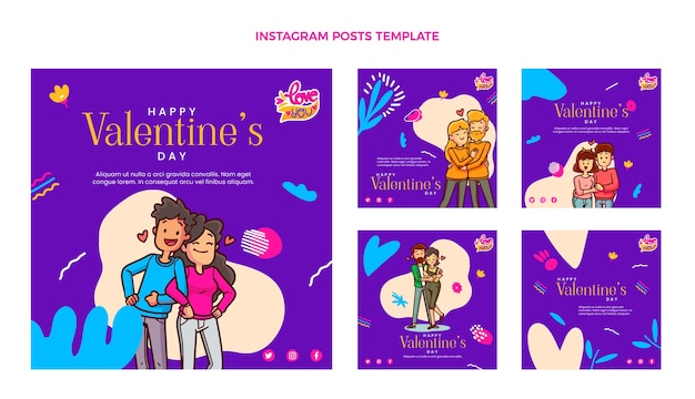 Vektor handgezeichnete valentinstag instagram posts sammlung
