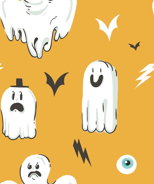 Handgezeichnete vektor abstrakte cartoon happy halloween illustrationen sammlung nahtloses muster mit verschiedenen lustigen geistern dekorationselementen isoliert auf orangefarbenem hintergrund