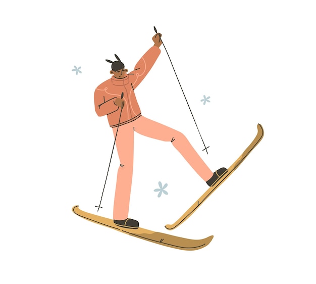 Handgezeichnete Vektor abstrakte flache Lager moderne Grafik Frohes neues Jahr und frohe Weihnachten Illustration Cartoon-Charakter-Design, des jungen glücklichen Mannes im Winter Skifahrer Kostüm im Freien.