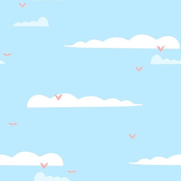 Handgezeichnete vektor-abstrakte grafische clipart-illustrationen, nahtloses kompositionsmuster mit abstrakten boho-formen von wolken und blauem himmel mit fliegenden vögeln, modernes magisches naturdesign, cartoon mit blauem himmel