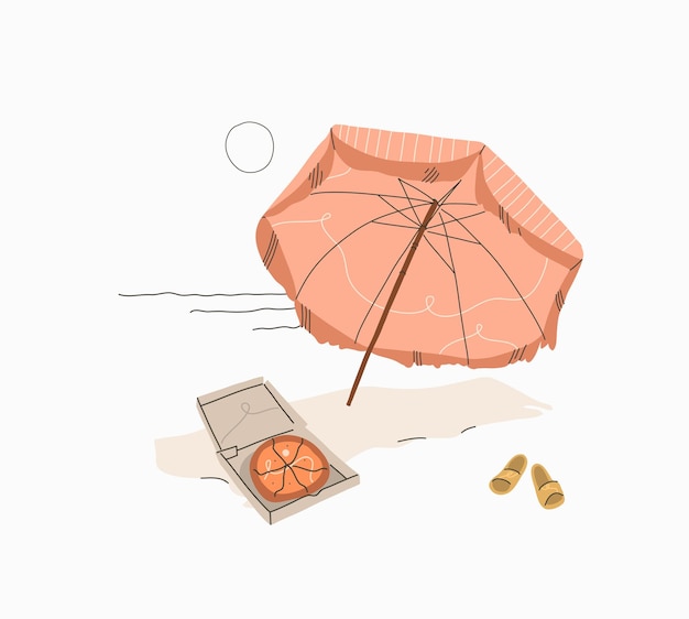 Handgezeichnete vektor abstrakte stock grafik sommerzeit cartoonminimalistische illustrationen drucken mit schönem boho-regenschirm und picknick am tropischen strand, isoliert auf weißem hintergrund