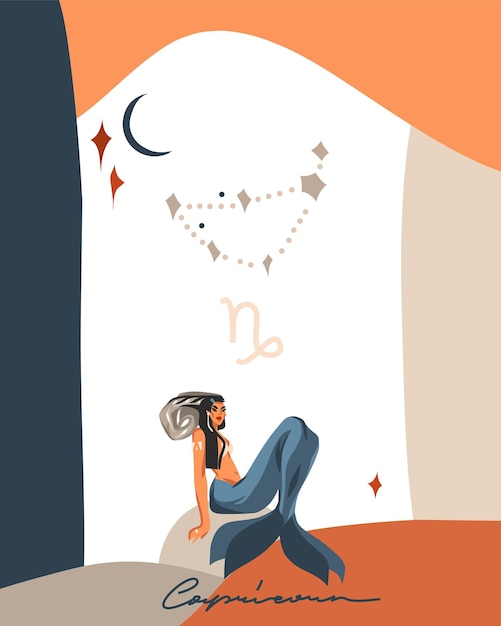 Handgezeichnete vektor-abstrakte stockgrafik einfache astrologie himmlische illustrationskunst mit moderner collageartistic zeitgenössischer druckvorlage des boho-sternzeichens steinbock mit weiblicher figur