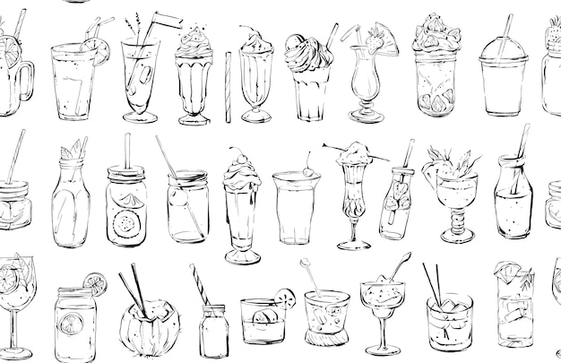 Handgezeichnete vektor abstrakte tinte grafik pinsel strukturierte skizze zeichnung nahtlose muster mit großer sammlung von cocktails und dessertgetränken isoliert auf weißem hintergrund