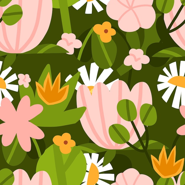 Handgezeichnete Vektor-Grafik-Clipart-Illustrationen nahtloses Muster der Komposition mit abstrakten Boho-Formen aus Blütenblättern und KamilleModernes magisches NaturdesignBotanischer Garten