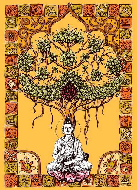 Vektor handgezeichnete vektor-illustration buddha-baum boho-stil, der uns für einladungen, flyer, postkarten, smartphone-hüllen usw. zeichnet