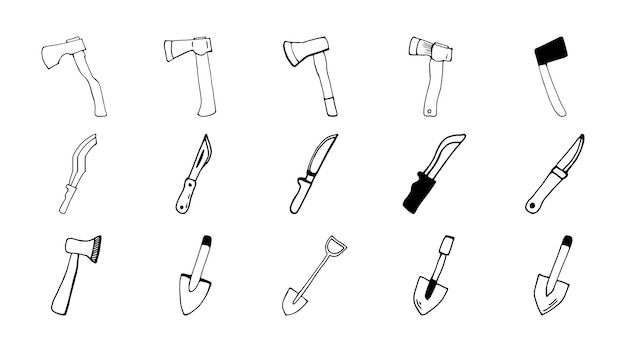 Handgezeichnete vektor-lagerfeuer-axt, scharfe gegenstände, reise-cliparts