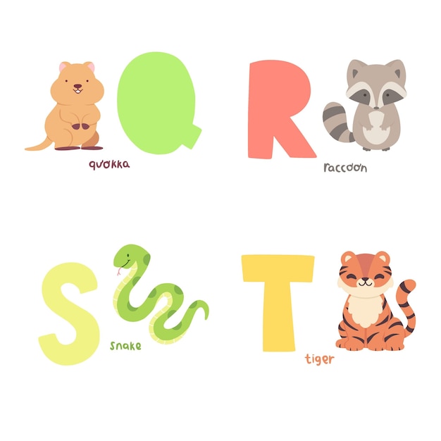 Vektor handgezeichnete vektor-tier-alphabet-qt-illustration