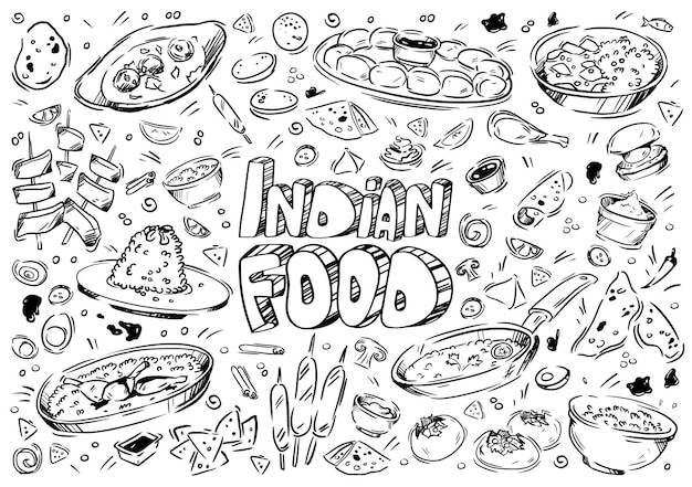 Handgezeichnete vektorgrafik doodle indisches essen huhn masala naan kebab pilaf fladenbrot zitrus curry gewürze kartoffeln fleisch reis gemüse saucen