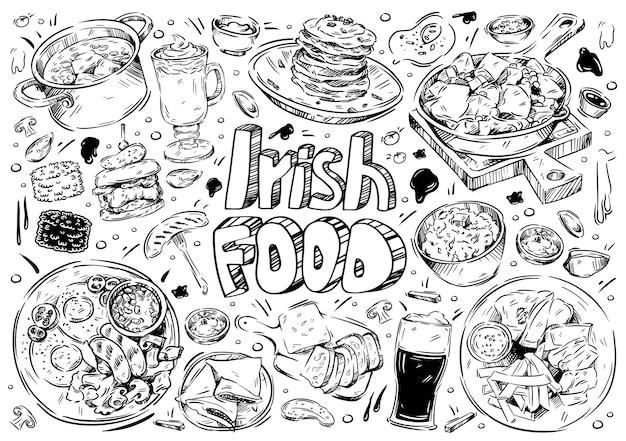 Vektor handgezeichnete vektorgrafik doodle irish food colcannon potatoes boxty dexter beef grillfleisch wurst bier kaffee speck brot