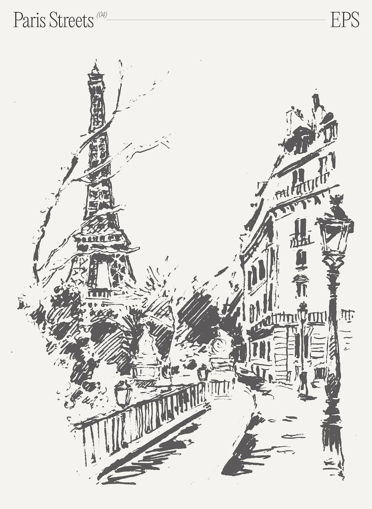 Vektor handgezeichnete vektorillustration des eiffelturms und der straßen von paris