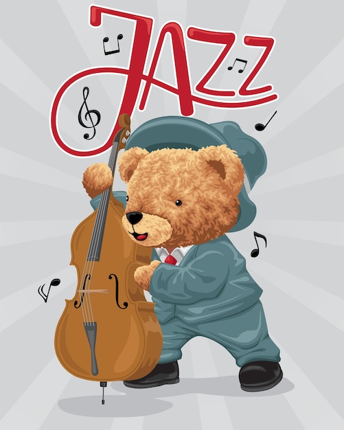 Handgezeichnete Vektorillustration des Teddybären, der Kontrabass in der Jazzmusikshow spielt