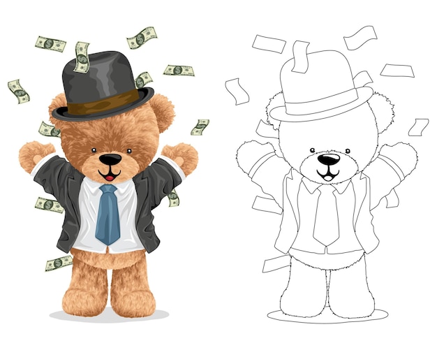 Handgezeichnete vektorillustration des teddybären im anzug mit viel geld malbuch oder seite