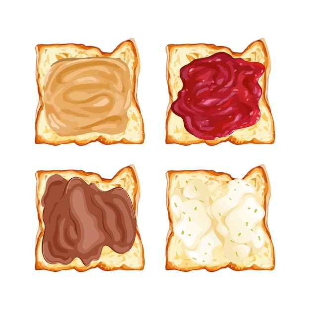 Vektor handgezeichnete vektorillustration, die toast mit marmelade, erdnussbutter und schokolade schneidet