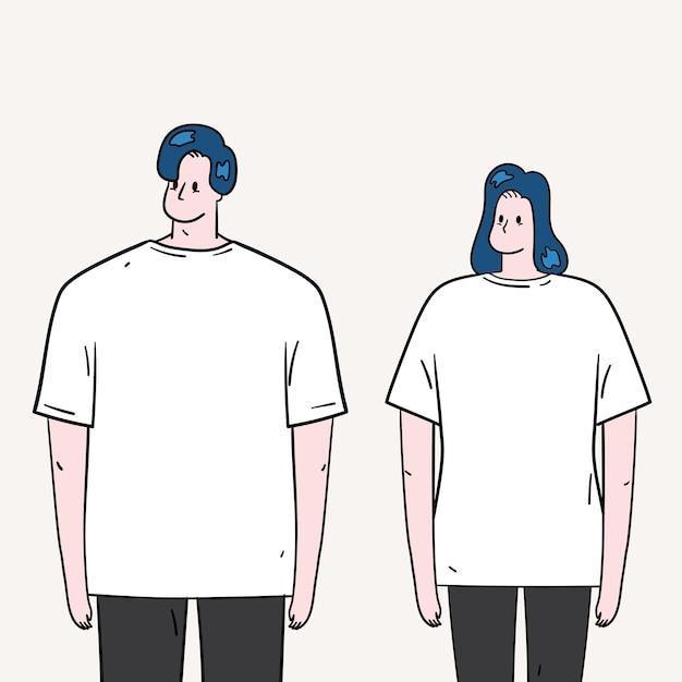 Handgezeichnete vektorillustration eines jungen mannes und einer frau, die eine weiße, leere t-shirt-vorlage tragen